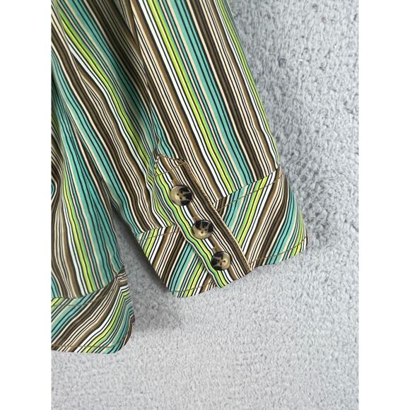 Dana Buchman Women Size 4 Silk Green Brown Blue Striped Button Up - Picture 6 of 12